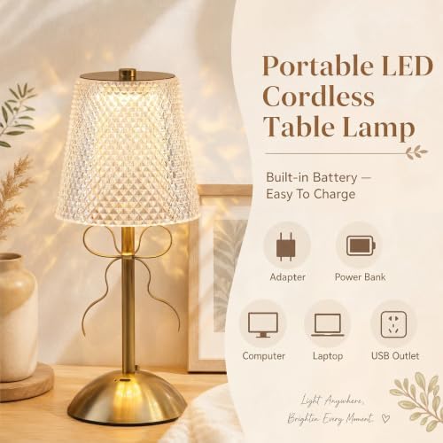 Liliful 2 Pcs Cordless Table Lamp LED Touch, Gold, Crystal Cut Style Bow - Image 3
