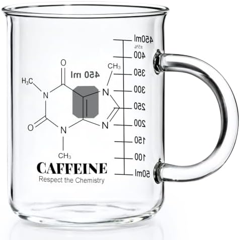 Caffeine Beaker Mug, Caffeine Molecule Mug - Chemistry Mug 16 oz Borosilicate Glass Coffee Mugs with Handle and Measuring for Coffee, Latte, Tea or Hot and Cold Beverage - Tea Coffee Mug by Homazing