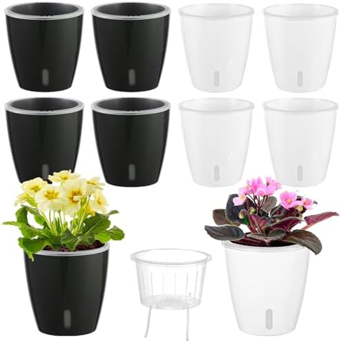 Self Watering Pots for Indoor Plants, 8-Pack 5'' Self Watering Planter with Drainage Holes, Small African Violet Pots with Water Level Indicator, Clear Wick Pot, White/Black by KvyusFlourish