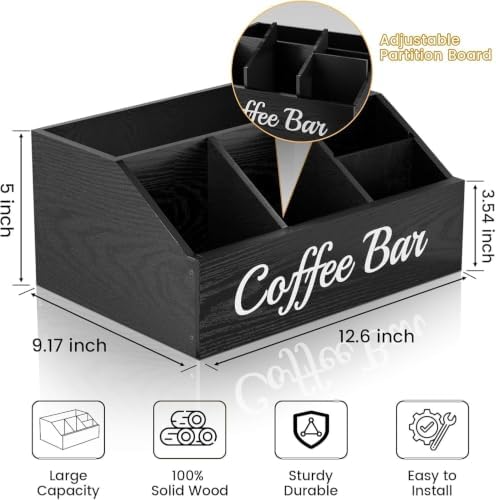 2 Pack Coffee Station Organizer for Countertop – Wooden Coffee Bar Organizer with Adjustable Dividers,Holds K Cup Pod & syrup bottles, for Kitchen, Office, or Bar and Tea Station, Black - Image 3