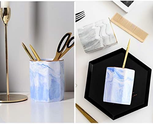Pencil Holder Cup, Pen Organizer Stand for Desk Cute Marble Pattern Pen Cup Durable Ceramic Desk Organizers for Office Girl Women Adult Teen, Blue Marble - Image 3