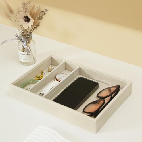 Bedside Organizer - Multi-use Nightstand & Desk-top Catchall Tray for Jewelry, Sunglasses, Phone, Watch, Perfume, Lipstick (Beige 3Grid) - Image 4
