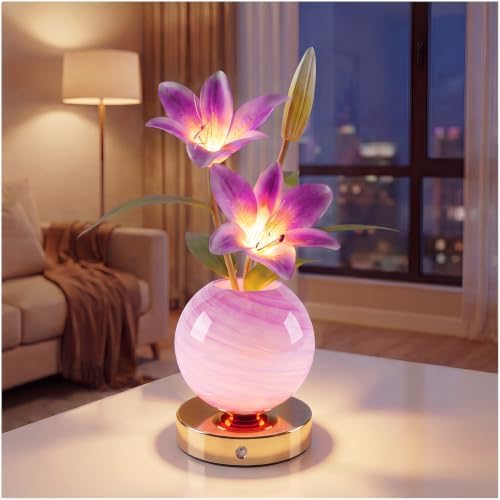 Lily Lamp – Rechargeable Wireless Touch-Control Dimmable Faux Flower Desk Light, LED Glass Planet Vase Night Light, Kitchen Bedroom Office Decor, Housewarming Gift Women and Mom by SXDLEDShareQualityLife
