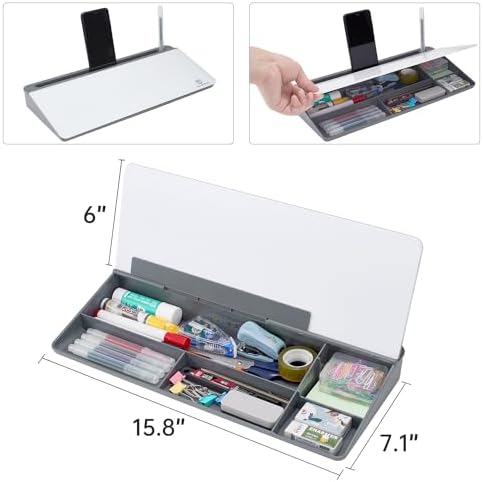 Small Desktop Glass Whiteboard Dry-Erase-Board - Computer Keyboard Stand White Board Surface Pad with Drawer, Desk Organizers with Accessories for Office, Home, School Supplies - Grey - Image 4