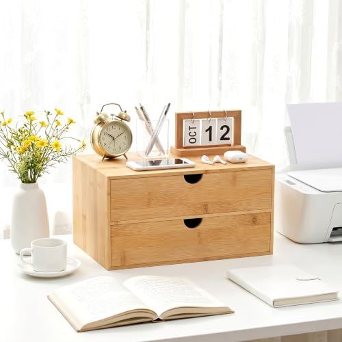 Bamboo Desk Organizer with Drawers, Desktop Storage for Office Supplies - Image 2