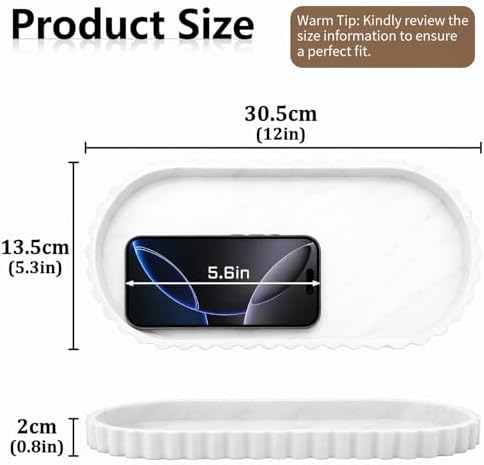 Silicone Bathroom Tray - 12''x5.3'' Oval Vanity Tray for Bathroom Countertop with Scalloped Edge, Elegant Bathroom Holders and Organizers for Toilet Top, Bathtub Caddy, Marble Gray - Image 2