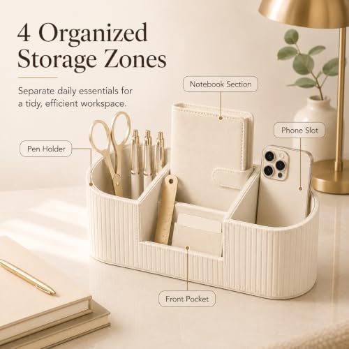 KINGFOM Faux Leather Desk Organizer, Office Desk Accessories Organizer with 4 Compartments, Modern Vanity Organizer for Pens, Makeup Brushes, Office Supplies, Remote Controls, Desk Decor for Home - Image 3