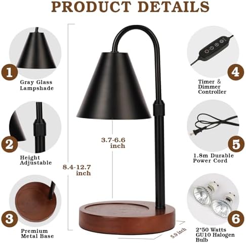 Candle Warmer Lamp with Timer Dimmable, Christmas Birthday Gifts for Women Mom, Adiustable Height Modern Candle Warmer Black Candle Lamp for Jar Candle, Home Decor Vintage Wax Warmer with 2 Bulbs - Image 4