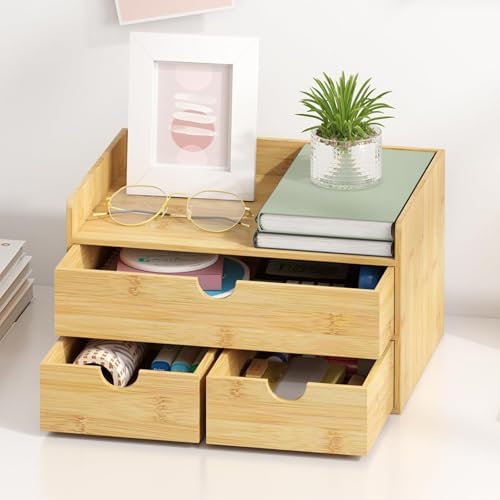 Bamboo Desk Organizer with Drawers, Desktop Storage Box for Office Supplies - Image 2