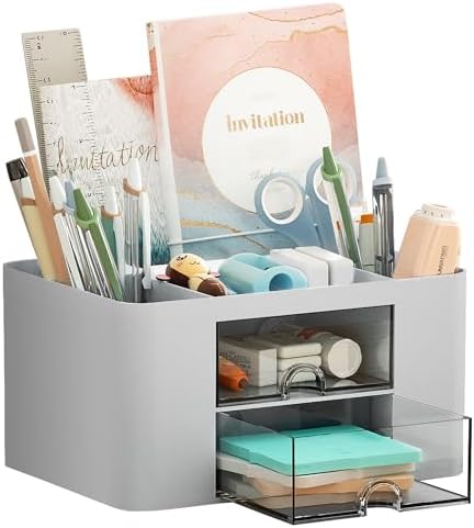 Marbrasse Pen Organizer with 2 Drawer, Multi-Functional Pencil Holder for Desk, Desk Organizers and Accessories with 5 Compartments + Drawer for Office Art Supplies (Grey) by Marbrasse