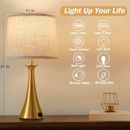 Touch Table Lamps Set of 2, 21" Bedside Lamps with USB C+A, Gold - Image 2