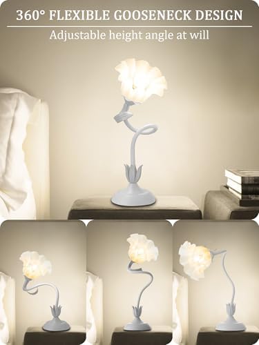 Flower Table Lamp,LED Reading Light Bedside Vintage Night Light(White) - Image 3