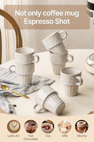 3.3 OZ Coffee Mugs, Ceramic Coffee Mug, Espresso Cups, Stackable Mug, Mug Set of 6, Coffee Cups for Tea Cocoa Cappuccino - Office Party Gathering, Great Gift for Birthday Housewarming Wedding, Beige - Image 5