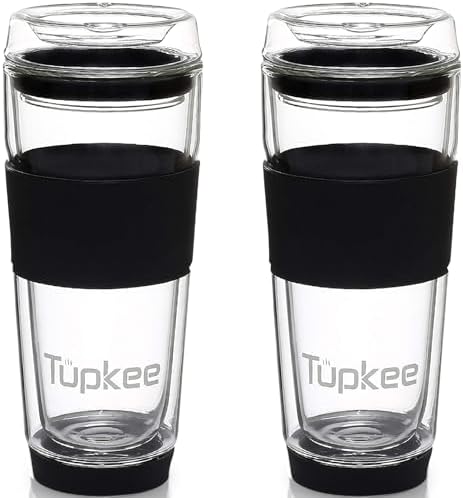 Double Wall Glass Tumbler, 14-Ounce Glass Travel Coffee Mug - 2 Pack by Tupkee