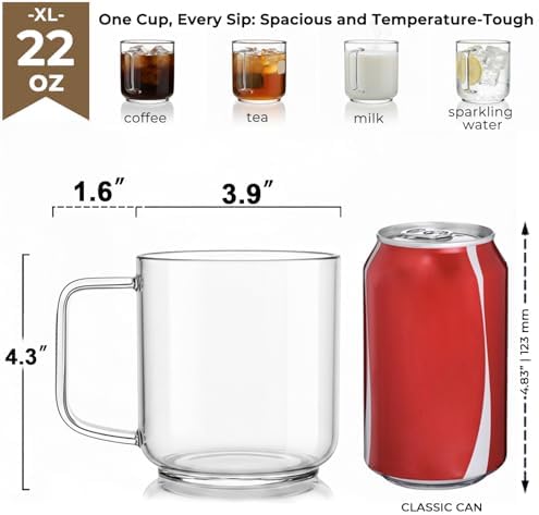 Aquach 22oz Glass Mugs Set of 2, Extra-Large Borosilicate Coffee Tea Cups - Image 5