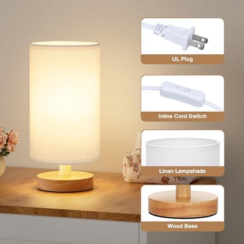 Fenmzee Small Table Lamps (White Shade - Wood Base, 9" Inline Control) - Image 2