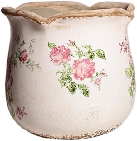 Xiaan Jiaju Shabby Chic Flower Pot, 6.11 Inch Ceramic Planter with Drainage for Indoor Plants, Vintage Ceramic Vase, Country Chic Spring Garden Home Decor, Pink Rose Floral - Image 2