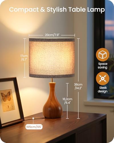 Gray Table Lamp, 14.2" Small Bedside Lamp, Compact Desk Lamp with Gray Linen Lampshade & Dark Walnut Base, Modern Nightstand Lamp for Bedroom, Kid's Room, Office, E26 Socket, LH09TL05 - Image 5
