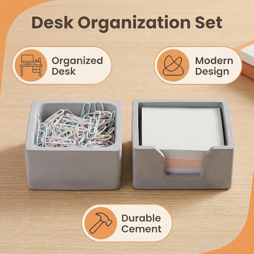 Concrete Desk Organizer Set of 2 - Minimalist Sticky Note Holder & Paper Clip Dispenser - Heavy Duty Office Desk Accessories with Non-Slip Base for Home Workspace Organizer & Desk Decor, Gray - Image 5
