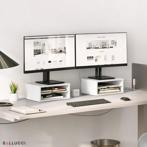 Ballucci File Organizer, 2-Tier Document Paper Sorter, Stackable Wood Desk Organizer Mail Holder, Monitor Stand with Storage Shelves, White - Image 3