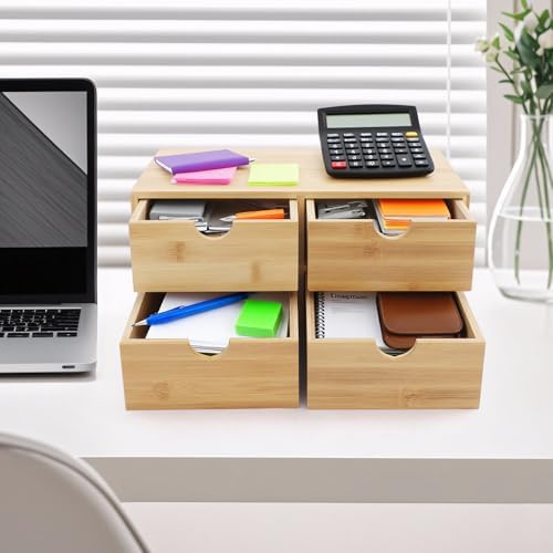 Bamboo Desk Organizer, Wood Desktop Storage Box for Office Supplies, Cosmetics, Stationery, No Assembly Desktop Organizers and Accessories for Home, Office, Study Table (4 Drawers) - Image 5