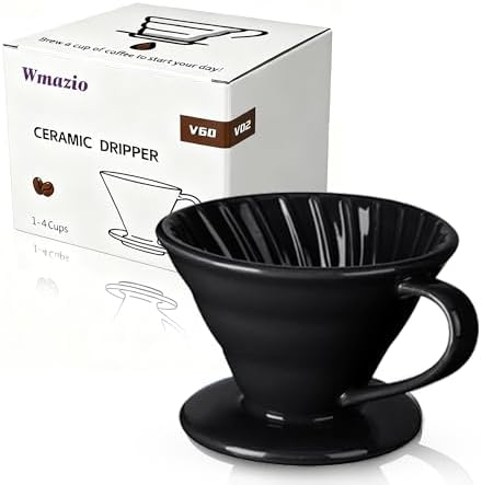 Pour Over Coffee Dripper - Ceramic Pour Over Coffee Maker Cone, Porcelain Coffee Drip, Pour Over Single Cup, Manual Brew Maker for Home, Cafe, Office - 1-4Cup, V60 Size 02 (Black) by Wmazio