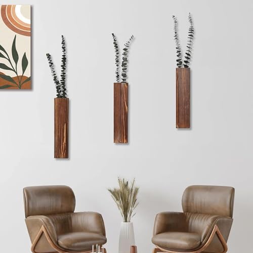 Wooden Wall Planter Set of 3 - Modern Home Decor for Living Room, Bedroom, Bathroom - Walnut Finish Planter for Dried Flowers, Faux Greenery, Indoor Plants - Image 6
