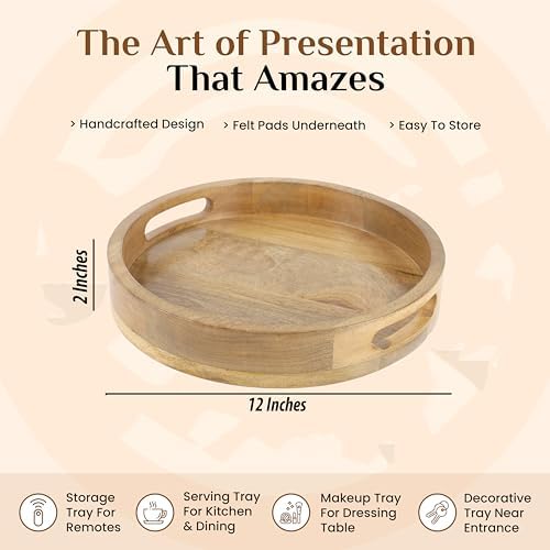 CLEENTABLE Round Wood Serving Tray, 12 in, Natural - Image 4