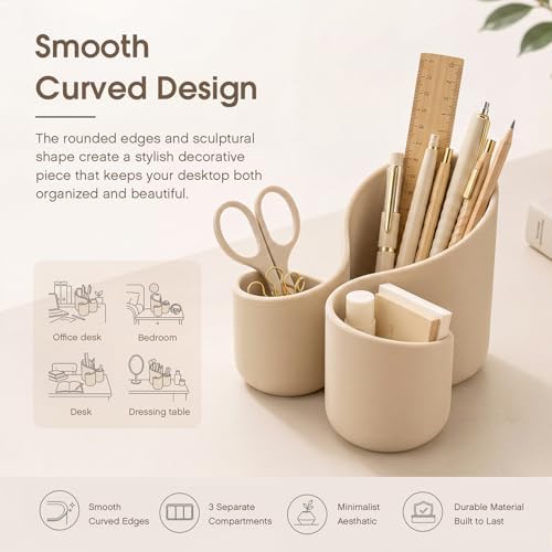 Aesthetic Desk Organizer Boho Pen Holder Modern Pencil Holder Beige Plastic Makeup Brush Organizer for Office Desk Accessories Stylish Home Office Art Decor Supplies (3 Slots) - Image 4