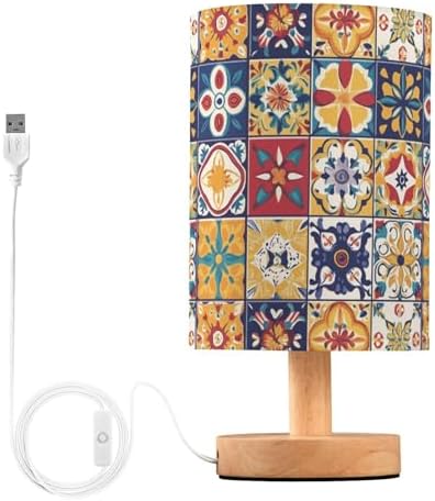Fustylead Mexican Spanish Style Colorful Tile Pattern Bedside Table Lamps with USB Port for Bedroom Lamp Accent Table Lamp Small Nightstand Lamp Sturdy Linen Shade Decorative Lamps for Kids|Dorm|Home by Fustylead
