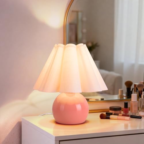 Pink Small Bedside Mini Table Lamp for Bedroom, Cute Bedroom Lamps for Nightstand, Cute Mini Table Lamps for Small Spaces with Scalloped Shade for Kitchen Counter, Bookshelf, Kids Dorm, Home Office - Image 2