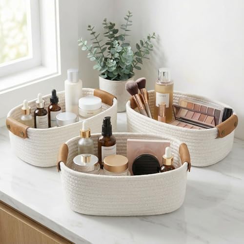 Beautiful Storage Basket Set of 3 - Sturdy Rope Baskets for Shelves by ZICOTO