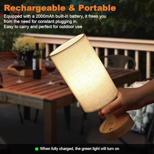 Rechargeable Cordless Touch Table Lamp with Stepless Dimming,Natural Wood Base&Linen Shade,Small Battery Wireless Ambient Night Light for Bedroom,Bedside,Nightstand,Nursery,Kitchen,Camping,Outdoor - Image 3