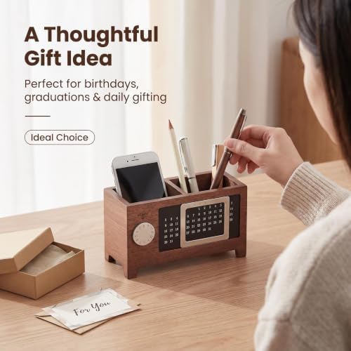 Wooden Desk Organizer with Perpetual Calendar, Multi-Compartment Pen Holder, Office Desk Storage Box for Pens, Phone, Stationery & Small Accessories - Image 6