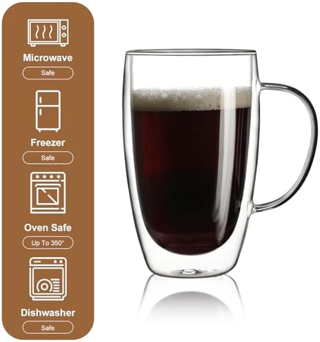 Aurzen 2 Pack Double Walled Glass Coffee Mugs with Handles, Large Insulated Layer Coffee Cups, 15oz Clear Borosilicate Mugs, Perfect for Cappuccino, Tea, Microwave Safe - Image 5