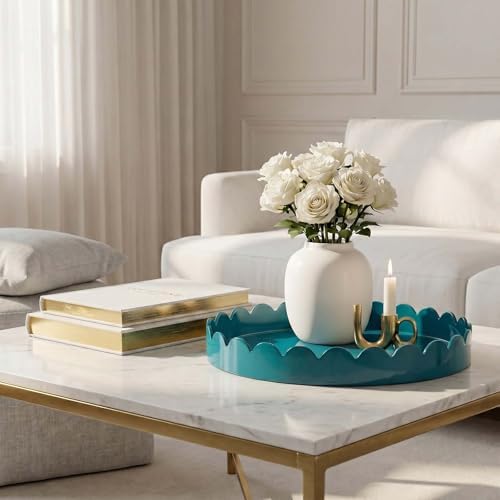 Gesodant 13" Round Scalloped Tray for Coffee Table Decor & Centerpiece, Glossy Lacquer Style Serving Tray for Ottoman, Vanity & Entryway, Modern Waterproof Catchall Tray (Deep Teal) - Image 3