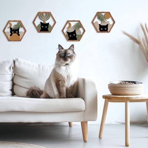 HPNIUB Boho Black Cat Wall Decor, Farmhouse Geometric Hanging Wooden Wall Art, 4 Pieces 11''x9.8'' Mid Century Bohemian Abstract Moon and Sun Wood Sign for Nursery Bedroom Decoration, Lovely Cat Gifts - Image 6