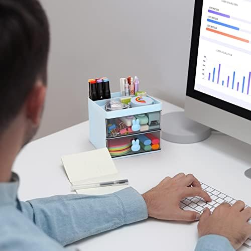 LETURE Small Desk Organizer With Drawer, Office Desktop Storage Box, Business Card/Pen/Pencil/Mobile Phone/Stationery Holder Storage Box, Makeup Organizer for Office School Home (Blue) - Image 3