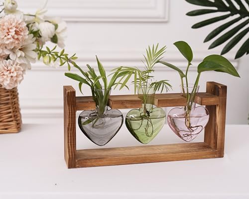 Kingbuy 3-Heart Plant Terrarium Kit - Stained Glass Vase Propagation Station with Vintage Wood Stand - Wall-Mounted & Tabletop Indoor Garden Decor for Home Kitchen Wedding (Grey, Green, Pink) - Image 3