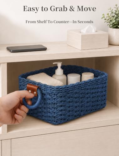 Small Wicker Baskets, 3 PCS Paper Rope Baskets for Shelves, Blue - Image 5