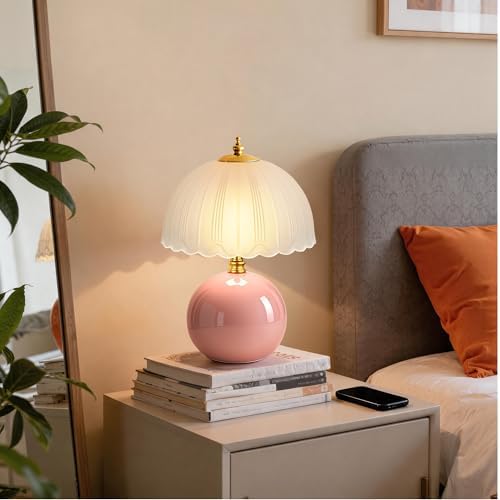 PARTPHONER Mushroom Table Lamp, Ceramic Bedside Lamp with Glass Shade, 3-Way Lighting (2700K-5000K) Rocker Switch, Small Nightstand Lamp for Bedroom, Living Room, Office, Pink - Image 7