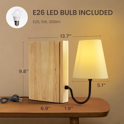 AELS Solid Wood Bookshelf Lamp with Bulb, 3-Color Touch Control Dimmable Table Lamp with Linen Shade, Modern Decorative Bookend Lamp for Bedroom, Office & Bookshelf Decor, Natural - Image 2