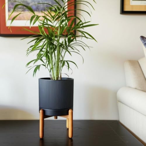 HERDUK 8 Inch Ceramic Planter with Natural Wood Stand w/Drainage & Saucer - Modern Indoor Planter for Cacti, Snake Plants & Aloe Vera Black - Image 3
