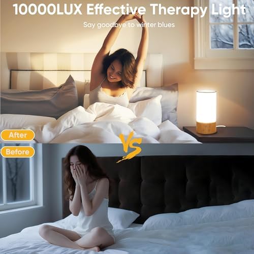 Caromolly Light Therapy Lamp, Happy Lamp 10,000 LUX UV Free with 3 Color Temperature & 5 Brightness Level, Full Spectrum Light Wood Base Round Flaxen Fabric Shade for Home, Office, White Linen - Image 5