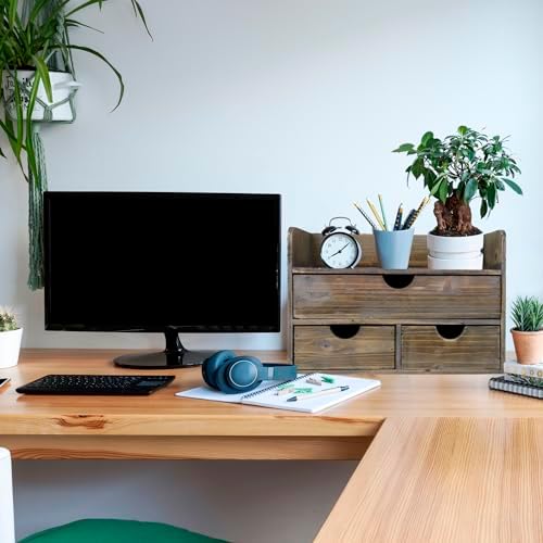Besti Wooden Office Desk Organizer - Organizing Tool for Desktop, Cubicle, Bedroom, Kitchen - Vintage Style Organization Caddy with Top Tray Shelf & 3 Drawers - 13.6x9x7 Inches (Rustic) - Image 7