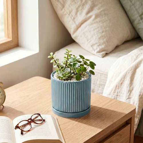 4 Inch Pots for Plants, Ceramic Planter with Saucer, Glaze Blue - Image 6