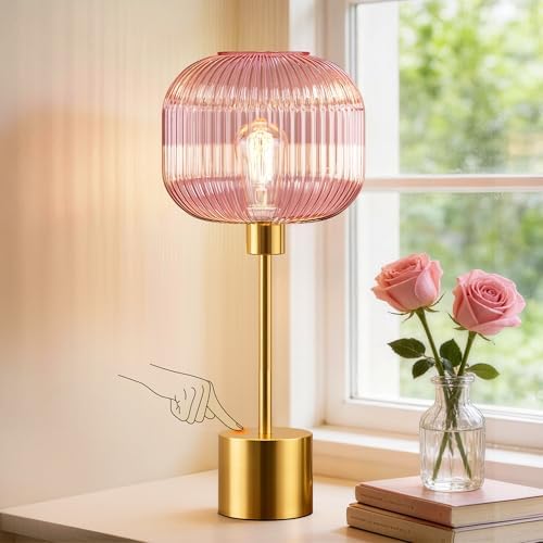 QiMH Glass Table Lamp for Living Room, Modern Bedside Lamp with Pink Ribbed Glass Shade, 3-Way Dimmable Touch Control Nightstand Lamp for Bedroom, Brushed Gold (2700K LED Bulb Included) by Qimh
