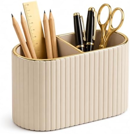 KINGFOM PU Leather Desk Organizer Pen Holder – Dual-Compartment Stylish Pencil Cup Remote Control Holder Desktop Supplies and Accessories Organizer Caddy for Office Home School (Mocha Beige) by KingfomLeatherHomeOfficeDecor