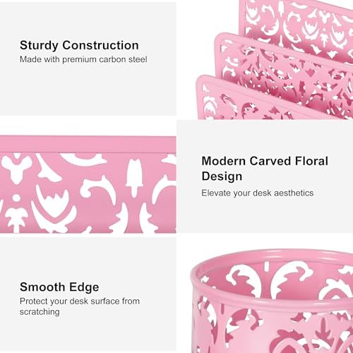 EasyPAG Desk Organizers and Accessories 3 Pieces Office Organizer Set - Pen Holder for Desk, Mail Sorter Countertop and Sticky Note Holder, Pink - Image 3