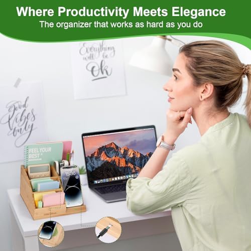 Bamboo Pen Holder for Desk & Nightstand Organizer with Fast Wireless Charging for iPhone, Samsung & More – Office Desk Accessories for Men/Women (Natural) - Image 2